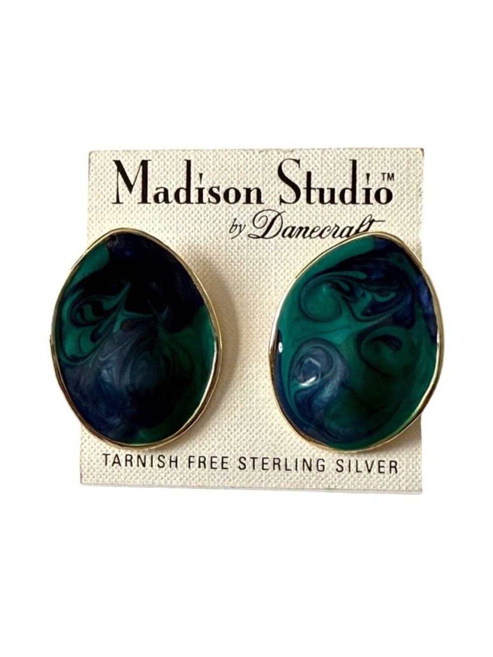NOS Vintage Madison Studio Danecraft Sterling Silver Green Enamel Earrings 1.75"